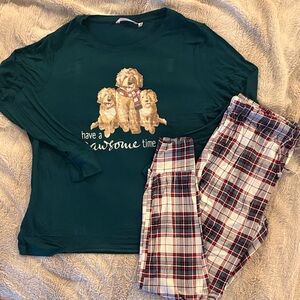 Womens Pajamas with Doodle Print - Green and Plaid medium